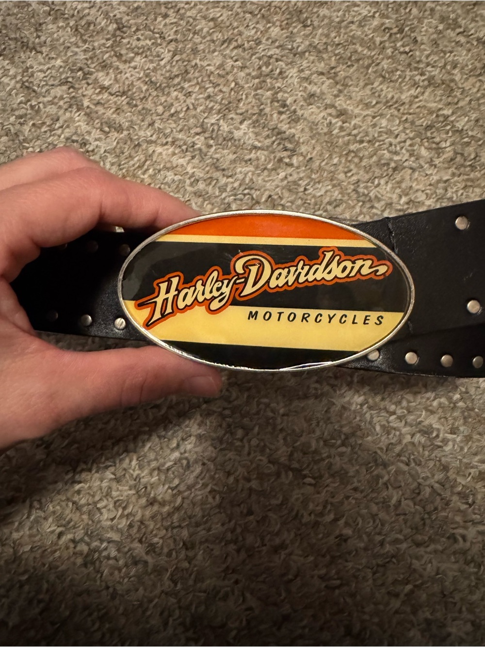 Harley-Davidson Black Leather Belt with Orange and Yellow Logo Buckle